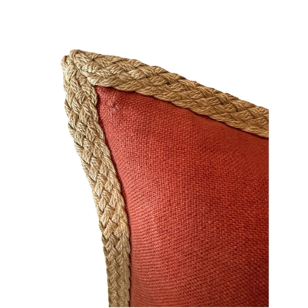 2x Pottery Barn 20x20 Linen Pillows Coral Terracotta Unique Sage Jute Trim Zip